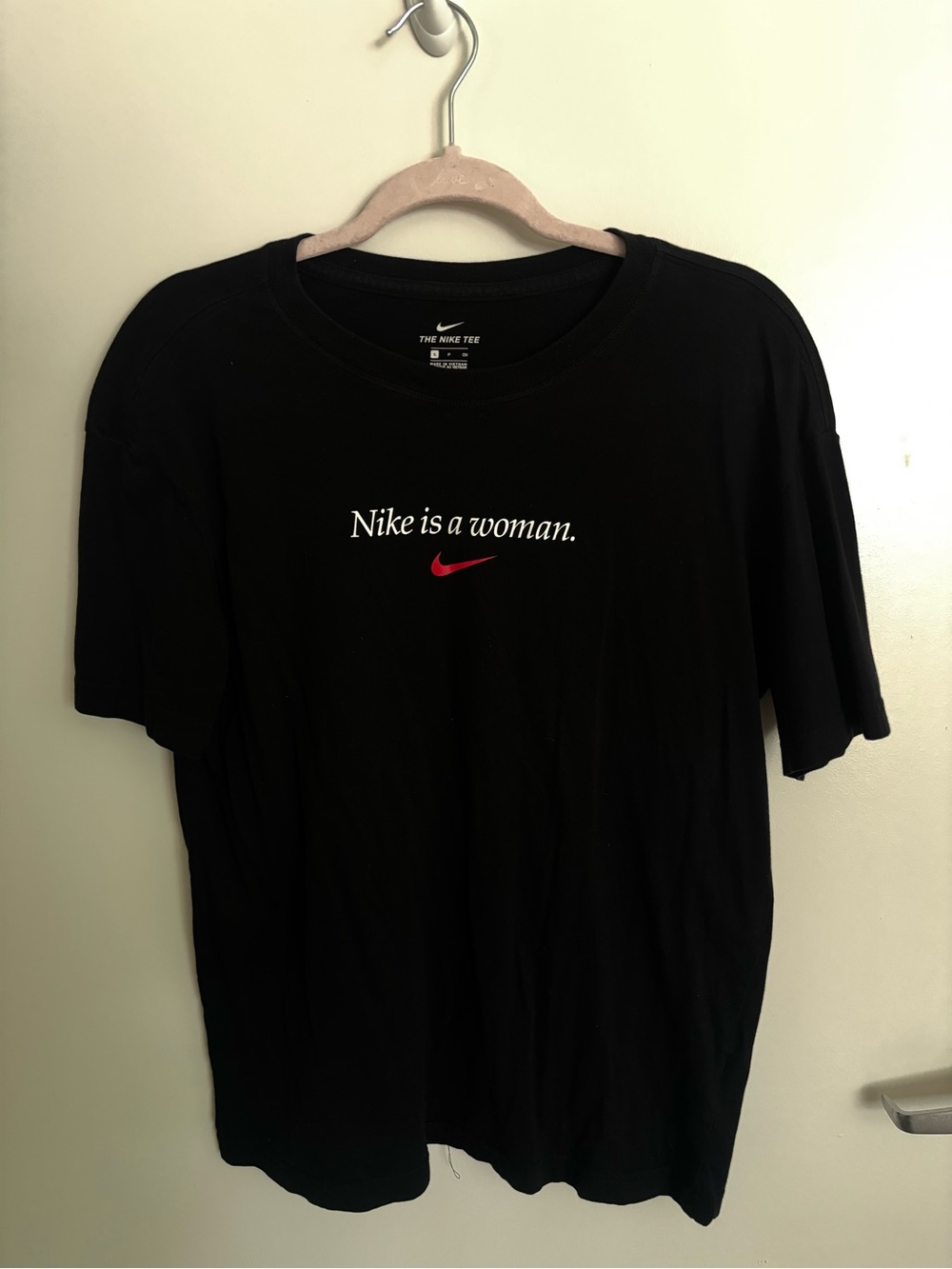 Nike Black Tee with Red Swoosh and White Script